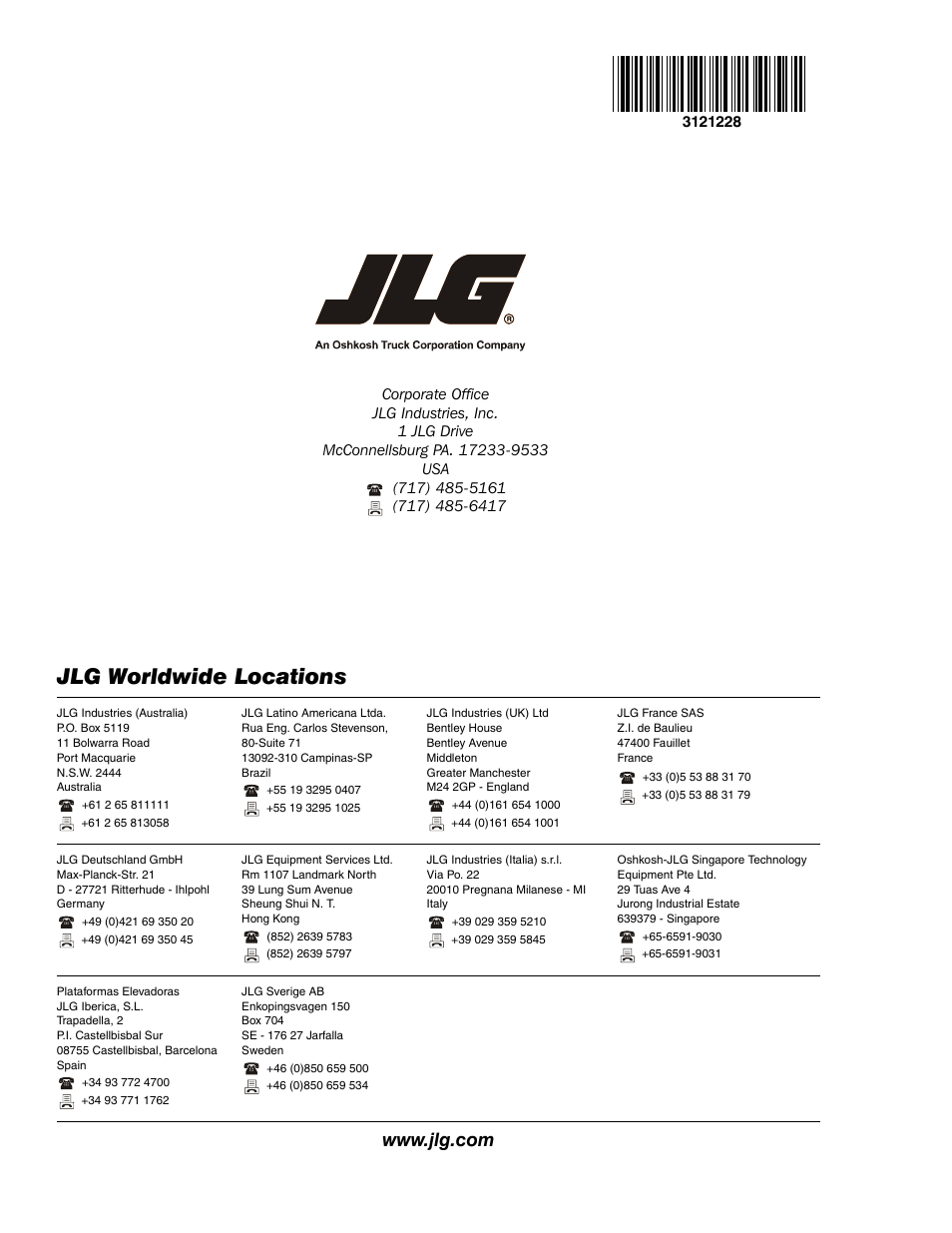 Jlg worldwide locations | JLG 10MSP Service Manual User Manual | Page 154 / 154