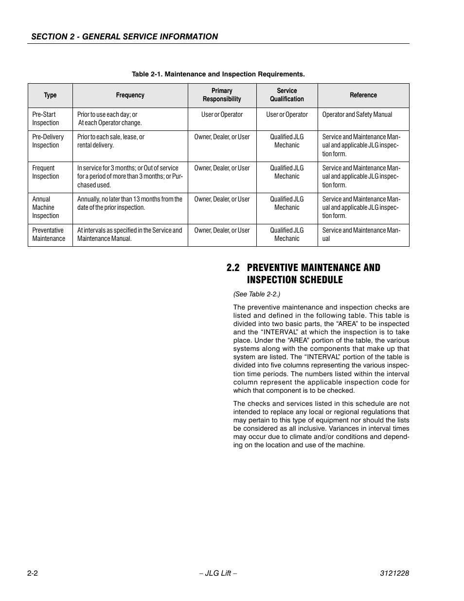 2 preventive maintenance and inspection schedule, Maintenance and inspection requirements -2 | JLG 10MSP Service Manual User Manual | Page 26 / 154