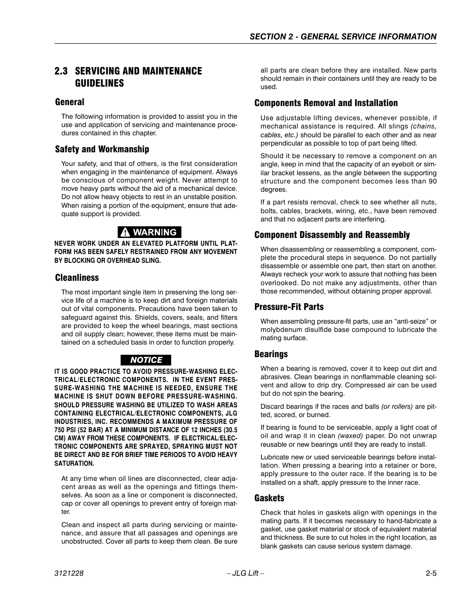 3 servicing and maintenance guidelines, General, Safety and workmanship | Cleanliness, Components removal and installation, Component disassembly and reassembly, Pressure-fit parts, Bearings, Gaskets, 3 servicing and maintenance guidelines -5 | JLG 10MSP Service Manual User Manual | Page 29 / 154