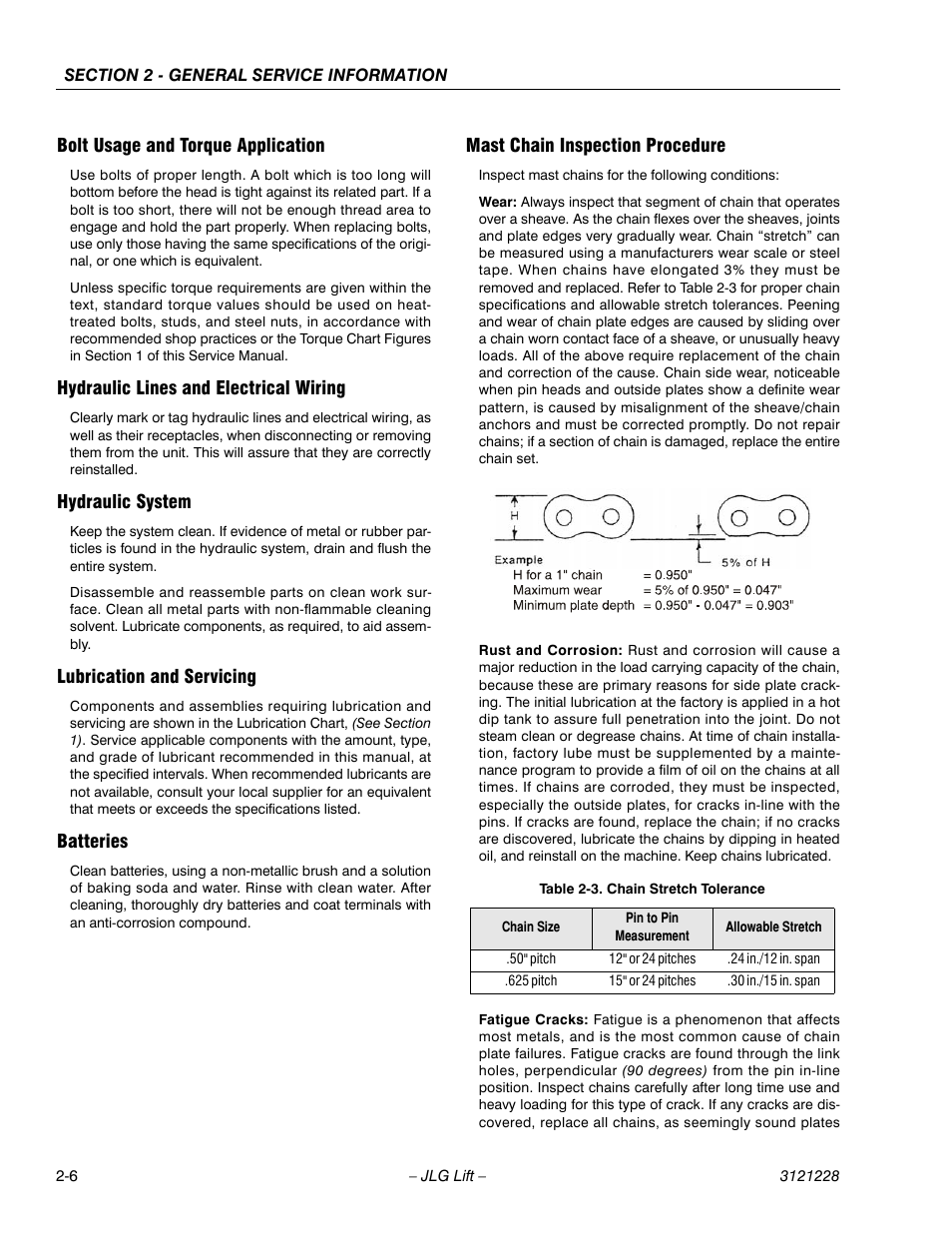 Bolt usage and torque application, Hydraulic lines and electrical wiring, Hydraulic system | Lubrication and servicing, Batteries, Mast chain inspection procedure, Chain stretch tolerance -6 | JLG 10MSP Service Manual User Manual | Page 30 / 154