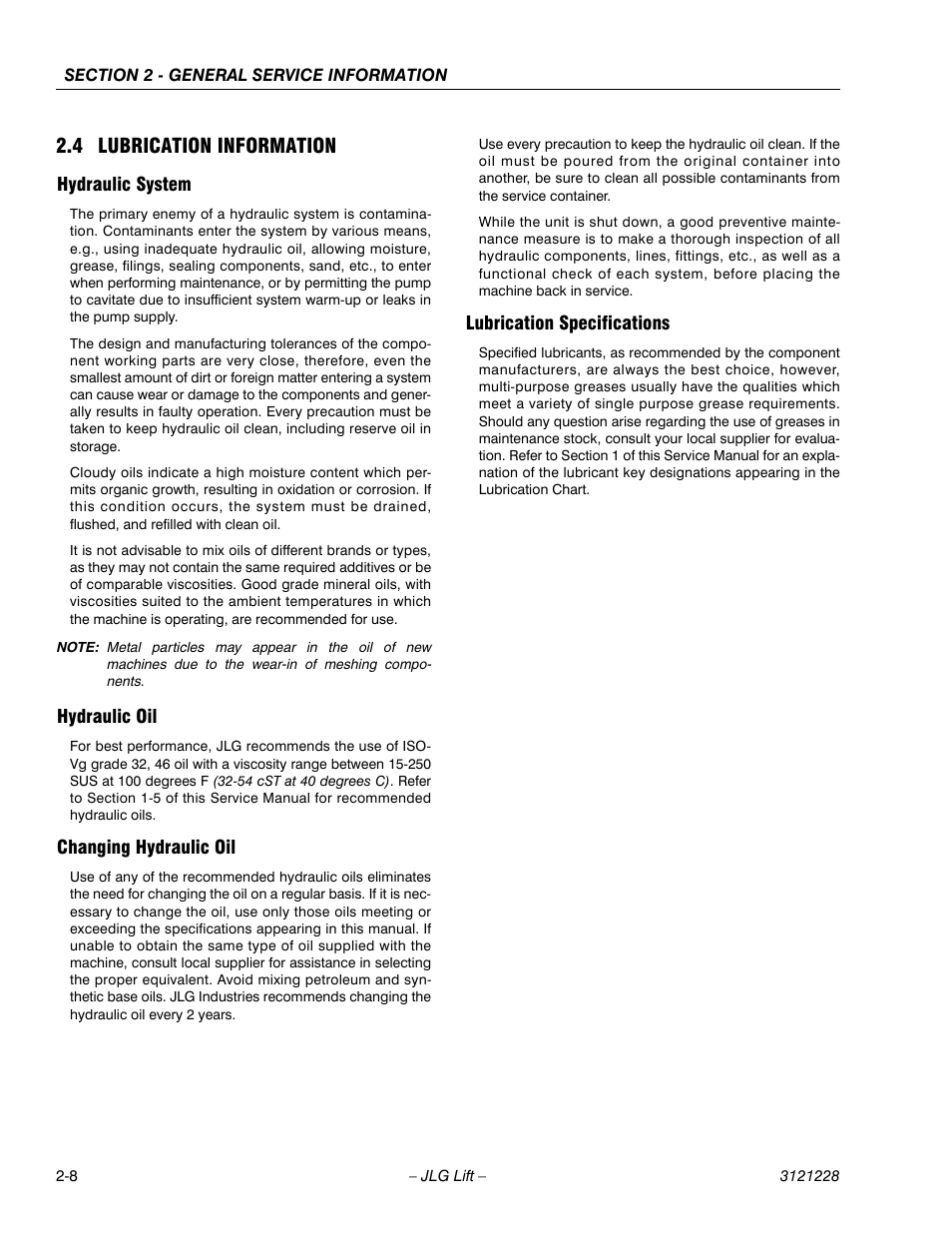 4 lubrication information, Hydraulic system, Hydraulic oil | Changing hydraulic oil, Lubrication specifications, 4 lubrication information -8 | JLG 10MSP Service Manual User Manual | Page 32 / 154