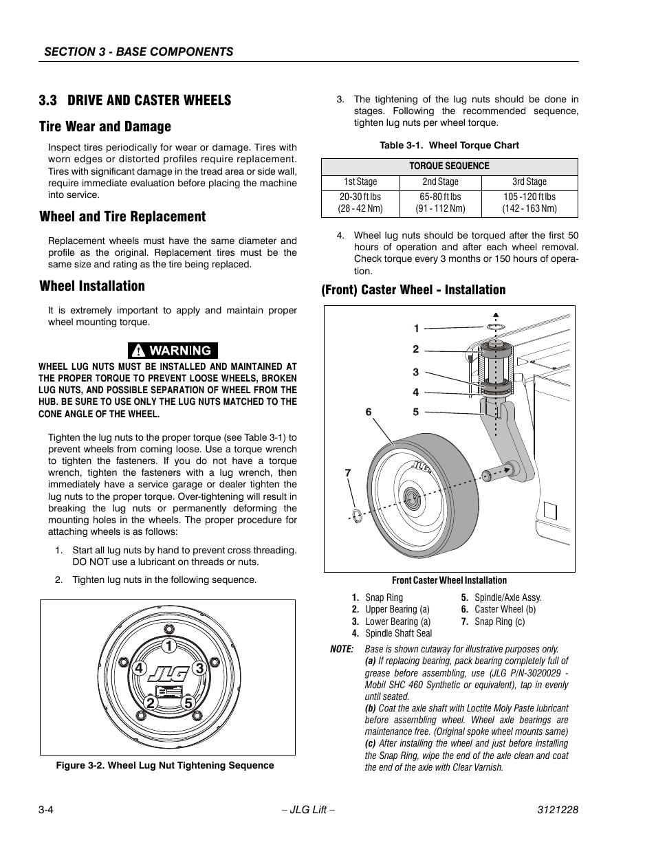 3 drive and caster wheels, Tire wear and damage, Wheel and tire replacement | Wheel installation, Front) caster wheel - installation, 3 drive and caster wheels -4, Wheel lug nut tightening sequence -4, Wheel torque chart -4, 3 drive and caster wheels tire wear and damage | JLG 10MSP Service Manual User Manual | Page 36 / 154