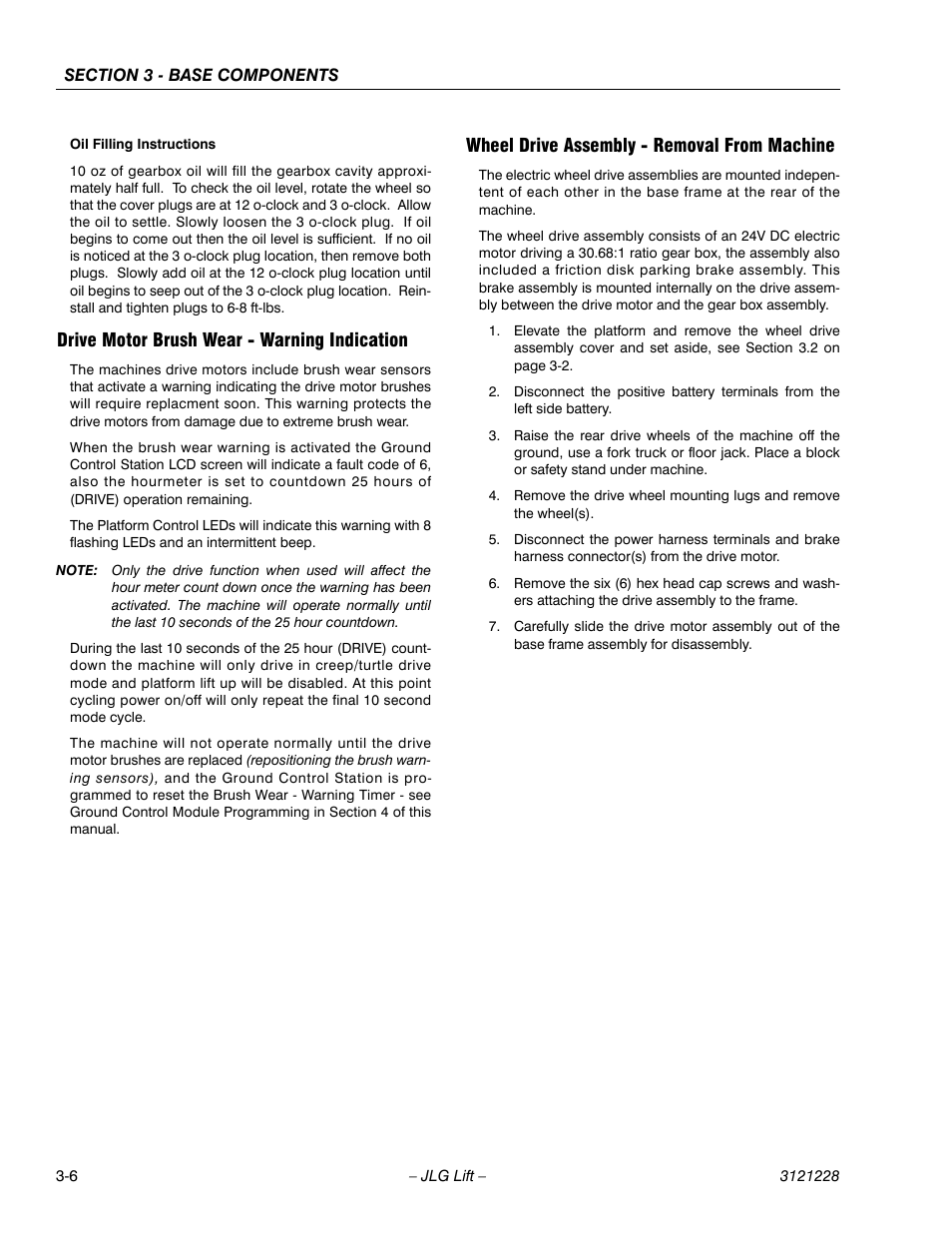 Drive motor brush wear - warning indication, Wheel drive assembly - removal from machine | JLG 10MSP Service Manual User Manual | Page 38 / 154