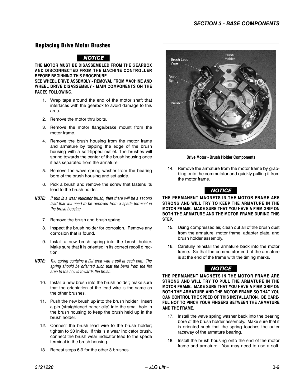 Replacing drive motor brushes, Replacing drive motor brushes -9 | JLG 10MSP Service Manual User Manual | Page 41 / 154