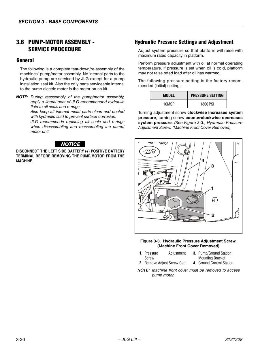 6 pump-motor assembly - service procedure, General, Hydraulic pressure settings and adjustment | 6 pump-motor assembly - service procedure -20 | JLG 10MSP Service Manual User Manual | Page 52 / 154