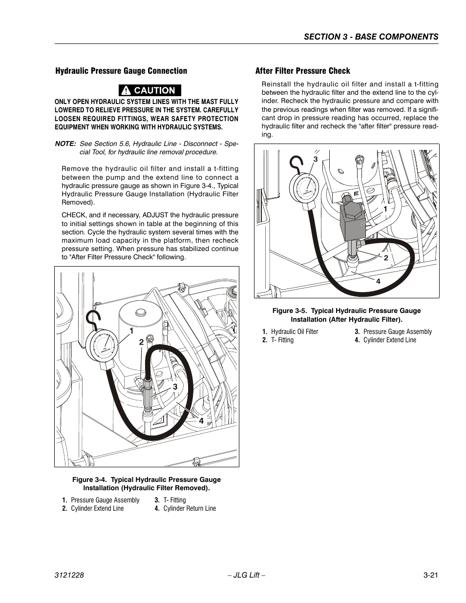 Hydraulic pressure gauge connection, After filter pressure check | JLG 10MSP Service Manual User Manual | Page 53 / 154