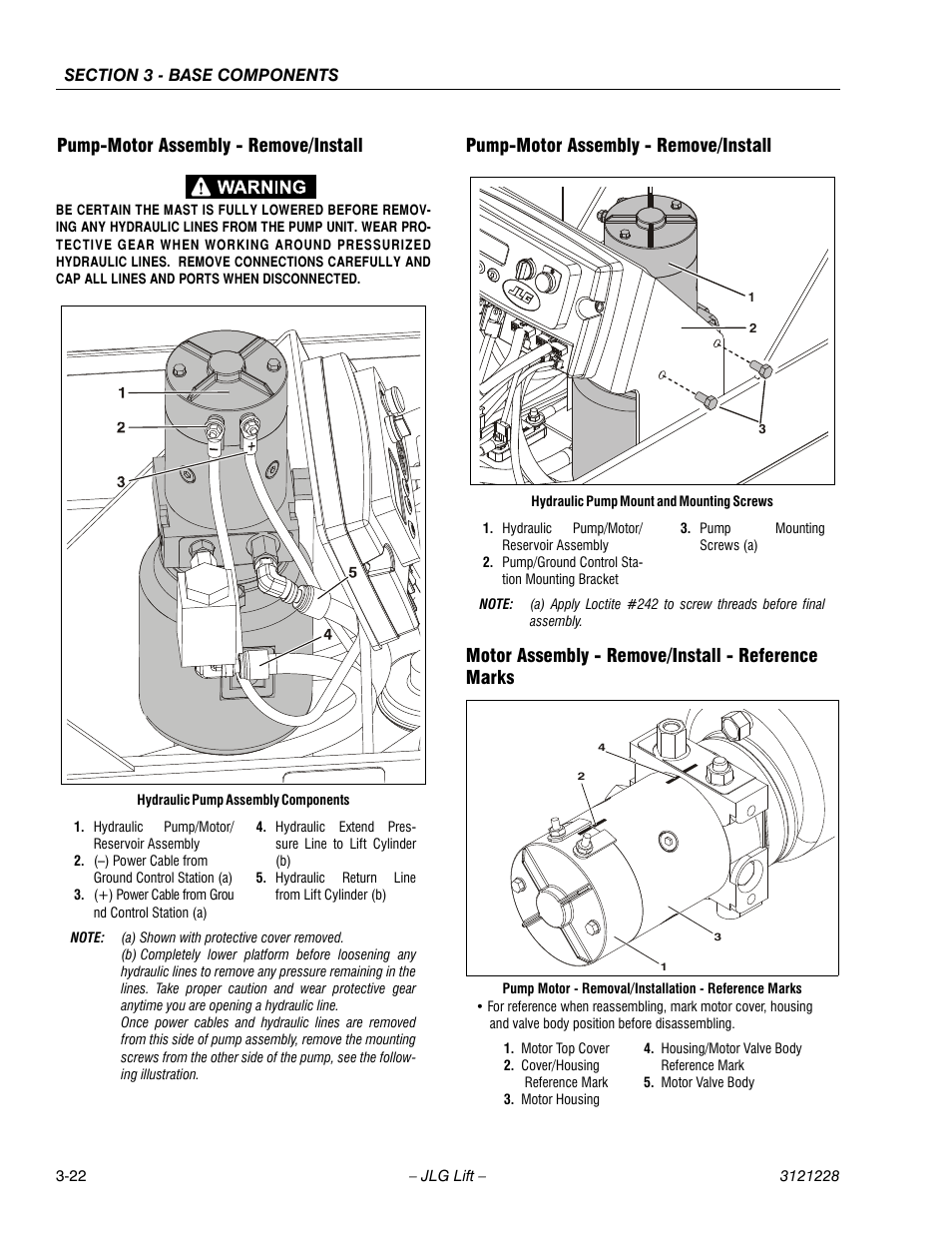 Pump-motor assembly - remove/install, Motor assembly - remove/install - reference marks | JLG 10MSP Service Manual User Manual | Page 54 / 154