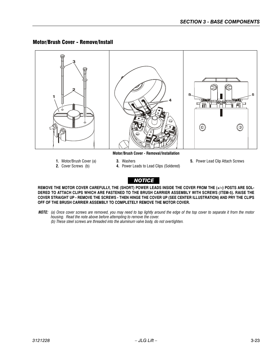 Motor/brush cover - remove/install, Motor/brush cover - remove/install -23 | JLG 10MSP Service Manual User Manual | Page 55 / 154