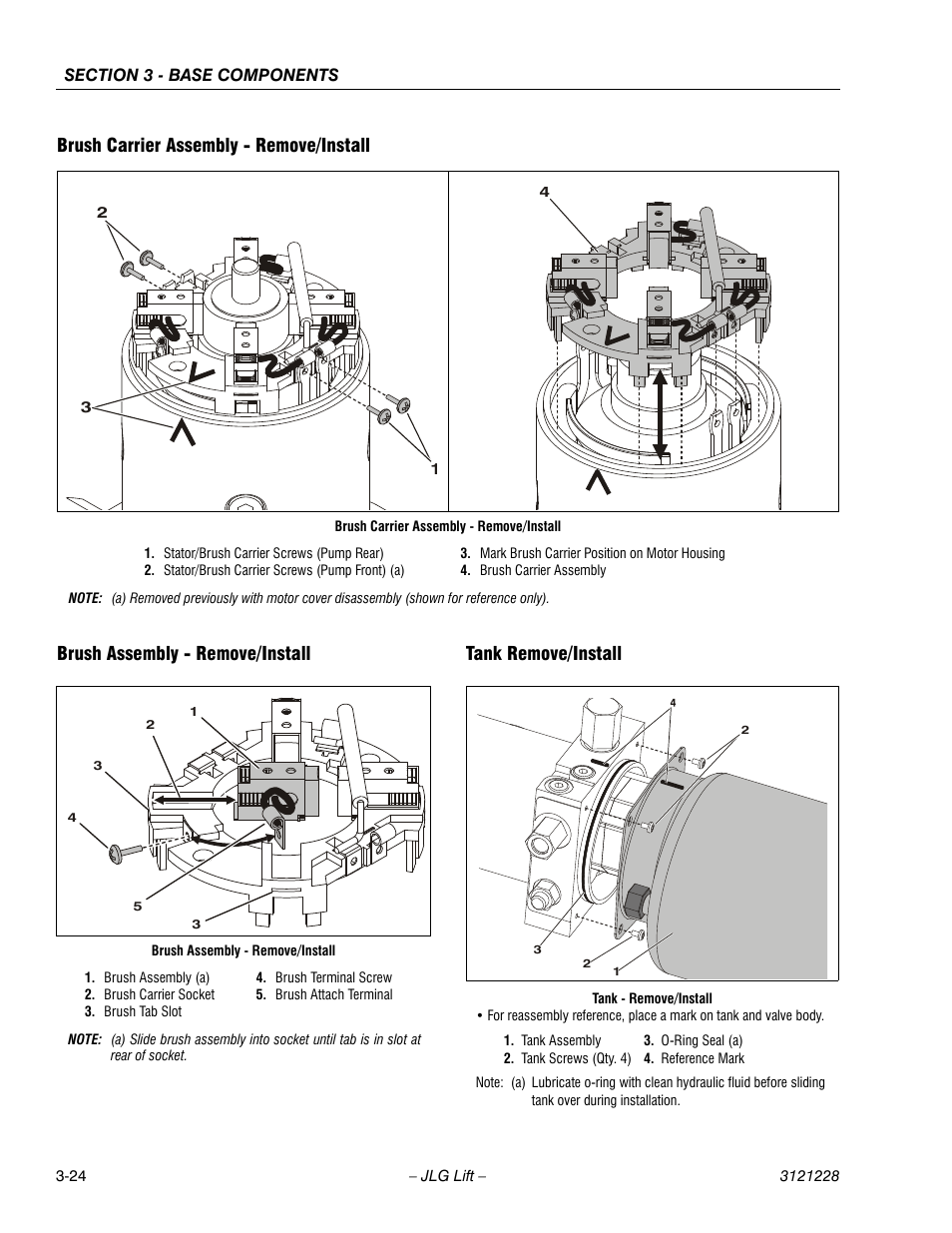 Brush carrier assembly - remove/install, Brush assembly - remove/install, Tank remove/install | Tank remove/install -24 | JLG 10MSP Service Manual User Manual | Page 56 / 154