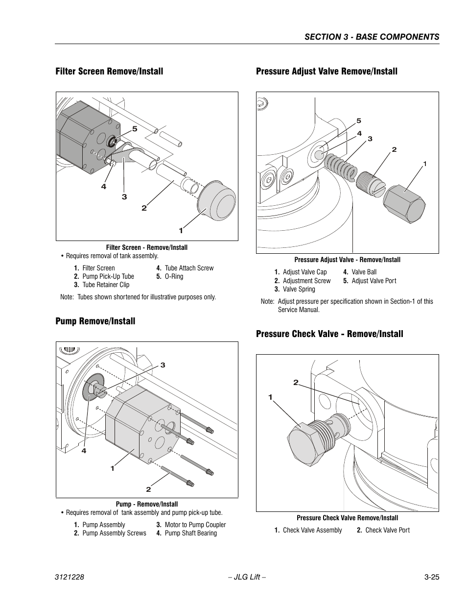 Filter screen remove/install, Pump remove/install, Pressure adjust valve remove/install | Pressure check valve - remove/install | JLG 10MSP Service Manual User Manual | Page 57 / 154