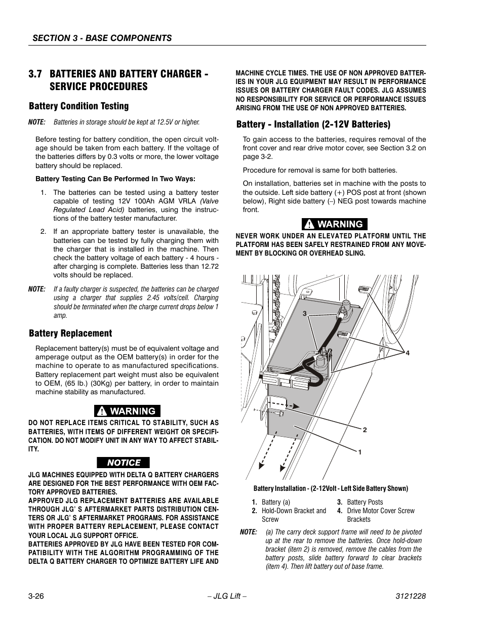 Battery condition testing, Battery replacement, Battery - installation (2-12v batteries) | JLG 10MSP Service Manual User Manual | Page 58 / 154