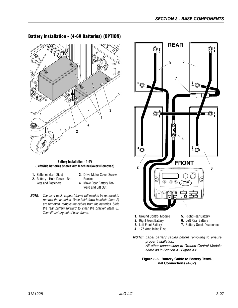 Battery installation - (4-6v batteries) (option), Front rear | JLG 10MSP Service Manual User Manual | Page 59 / 154