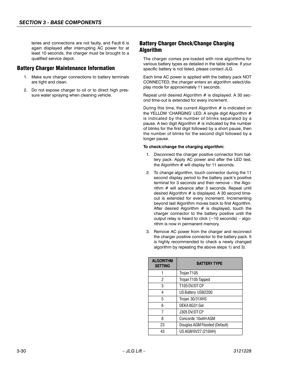 Battery charger maintenance information, Battery charger check/change charging algorithm | JLG 10MSP Service Manual User Manual | Page 62 / 154