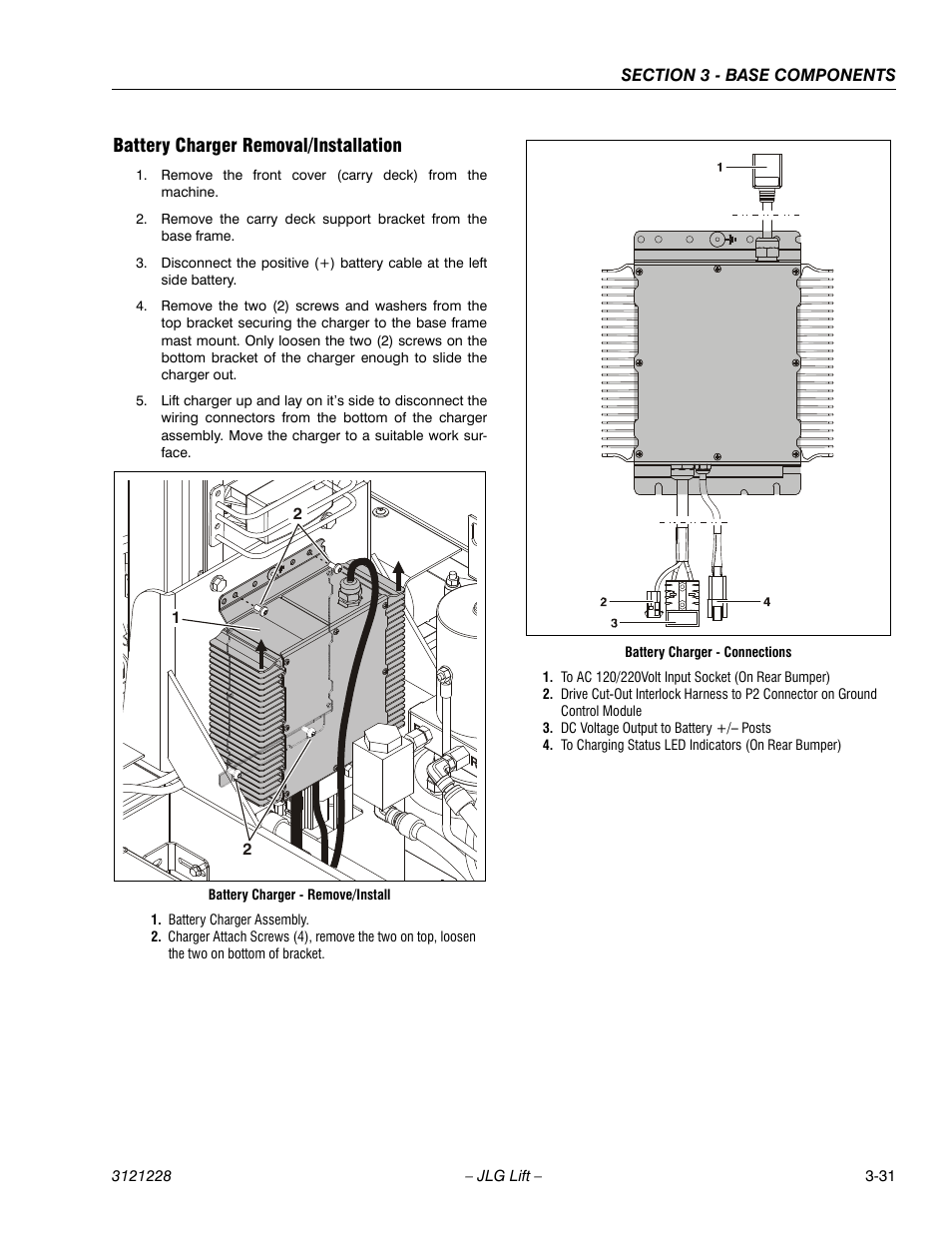 Battery charger removal/installation, Battery charger removal/installation -31 | JLG 10MSP Service Manual User Manual | Page 63 / 154