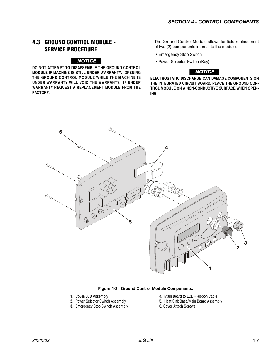 3 ground control module - service procedure, 3 ground control module - service procedure -7, Ground control module components -7 | JLG 10MSP Service Manual User Manual | Page 71 / 154