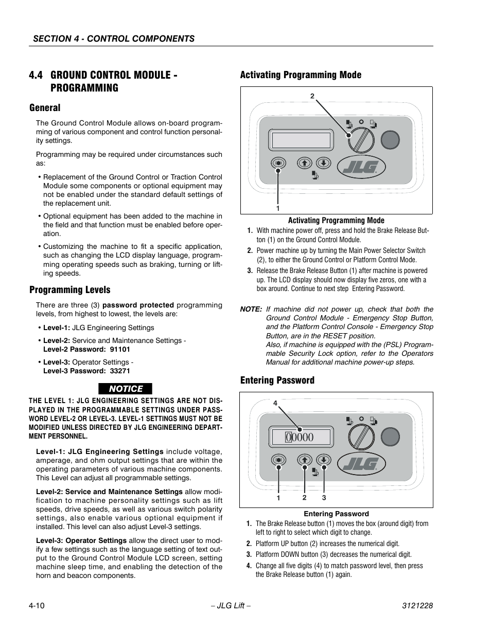4 ground control module - programming, General, Programming levels | Activating programming mode, Entering password, 4 ground control module - programming -10 | JLG 10MSP Service Manual User Manual | Page 74 / 154