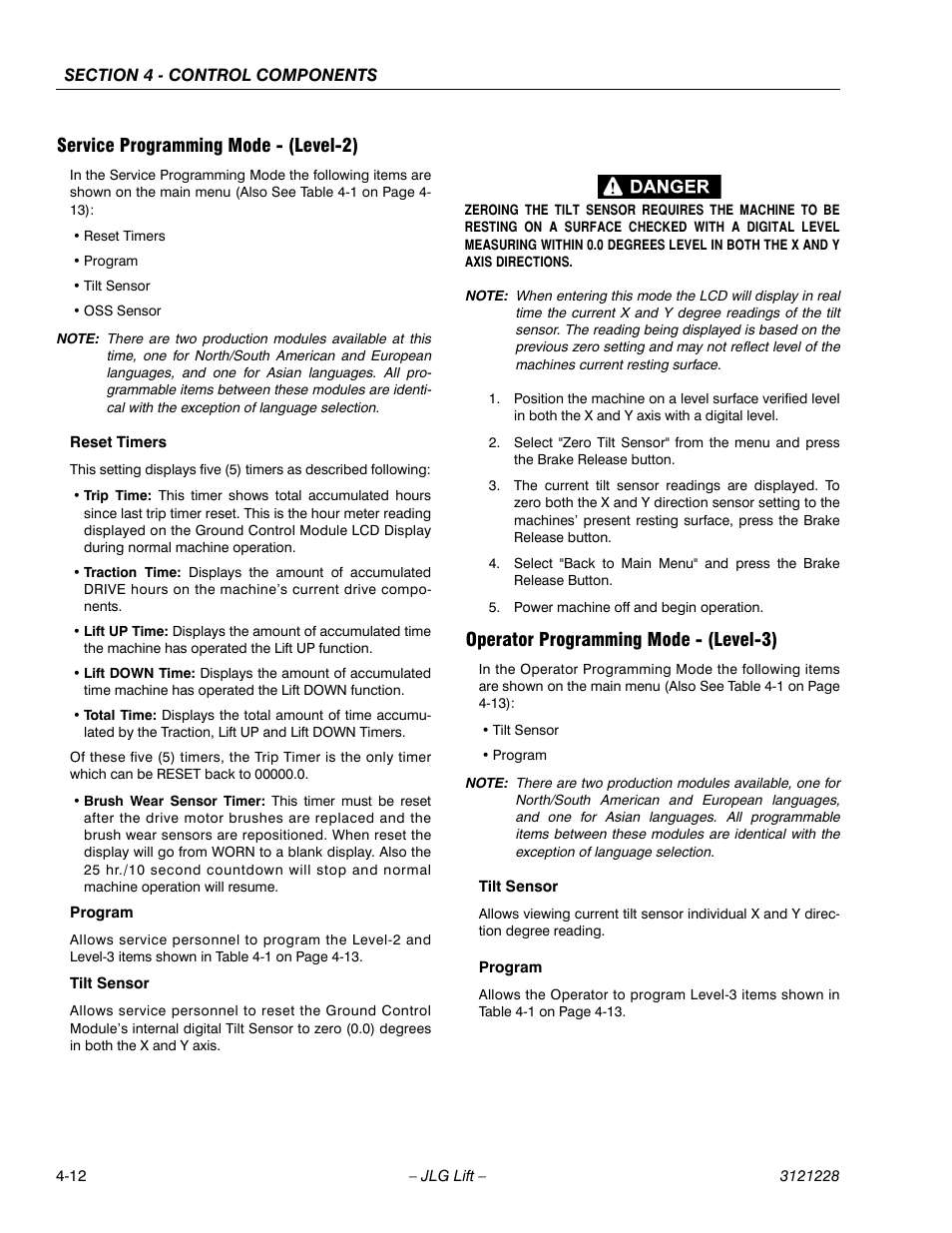 Service programming mode - (level-2), Operator programming mode - (level-3) | JLG 10MSP Service Manual User Manual | Page 76 / 154