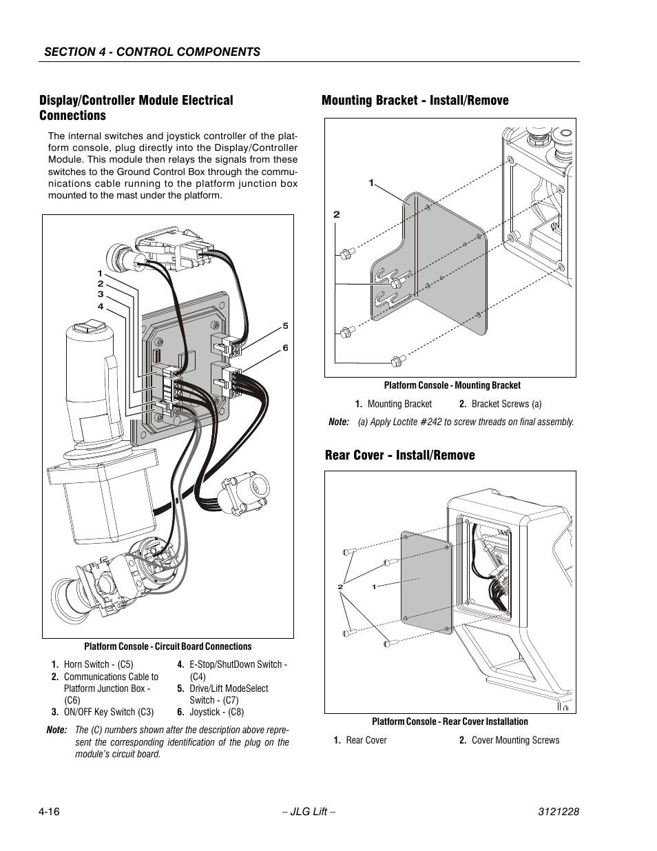Display/controller module electrical connections, Mounting bracket - install/remove, Rear cover - install/remove | JLG 10MSP Service Manual User Manual | Page 80 / 154