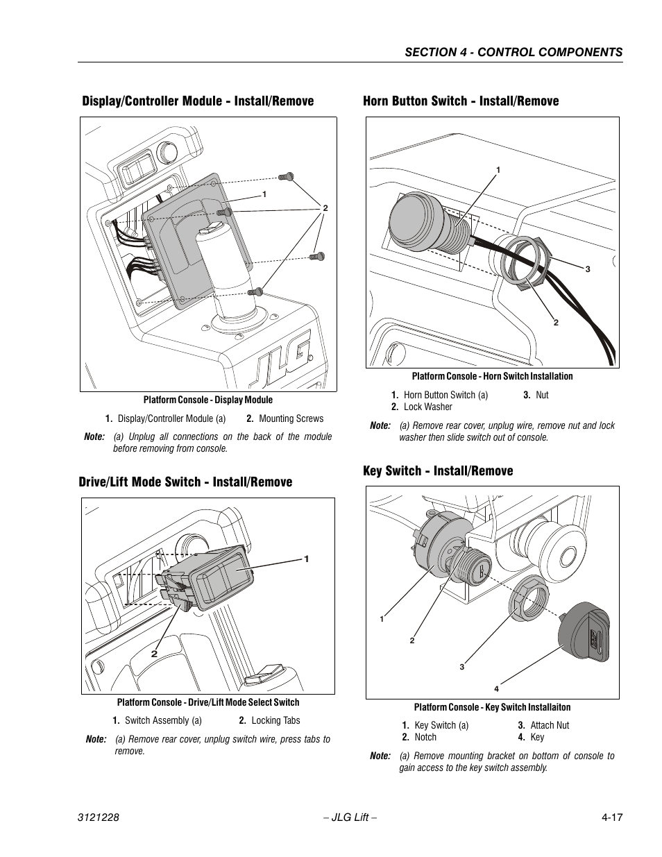 Display/controller module - install/remove, Drive/lift mode switch - install/remove, Horn button switch - install/remove | Key switch - install/remove | JLG 10MSP Service Manual User Manual | Page 81 / 154