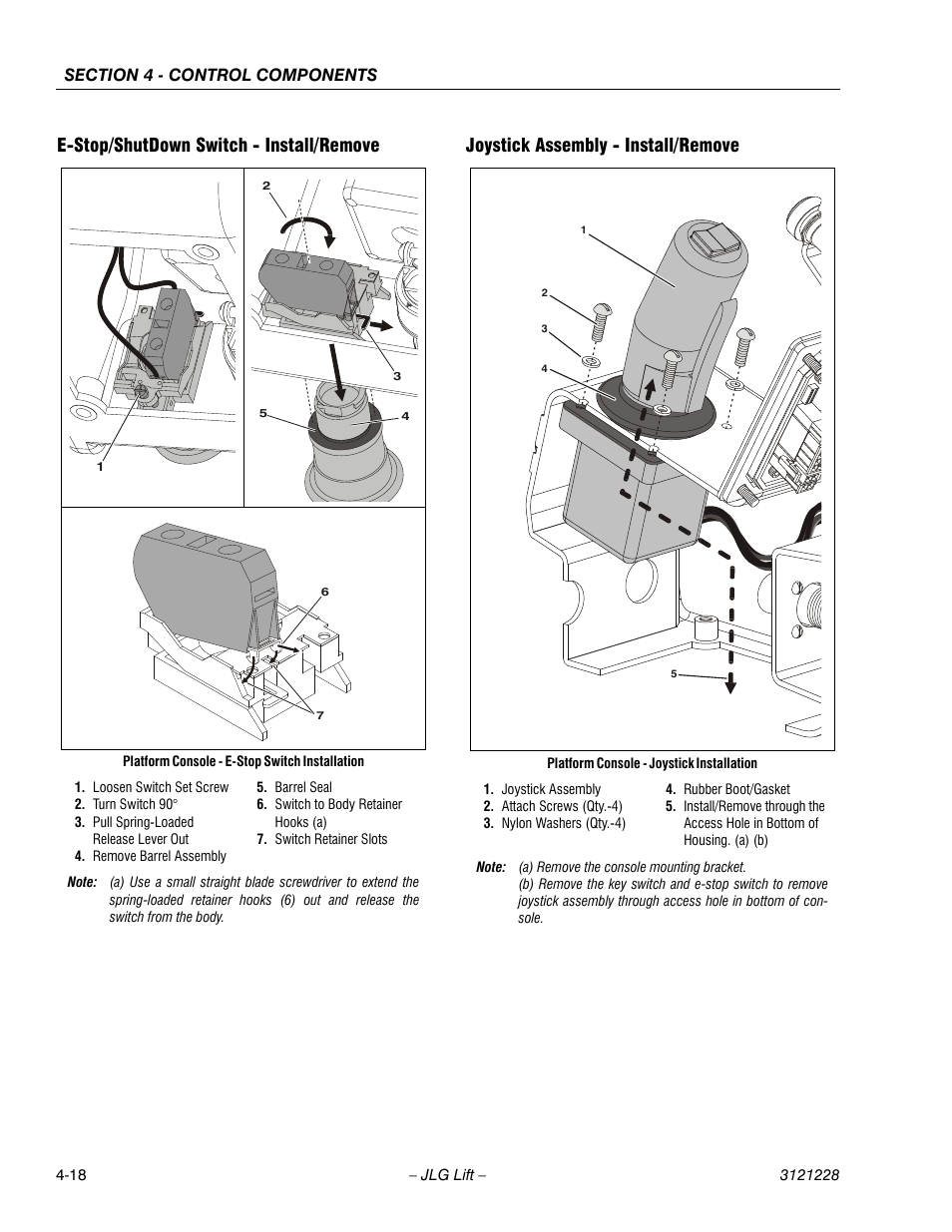 E-stop/shutdown switch - install/remove, Joystick assembly - install/remove | JLG 10MSP Service Manual User Manual | Page 82 / 154