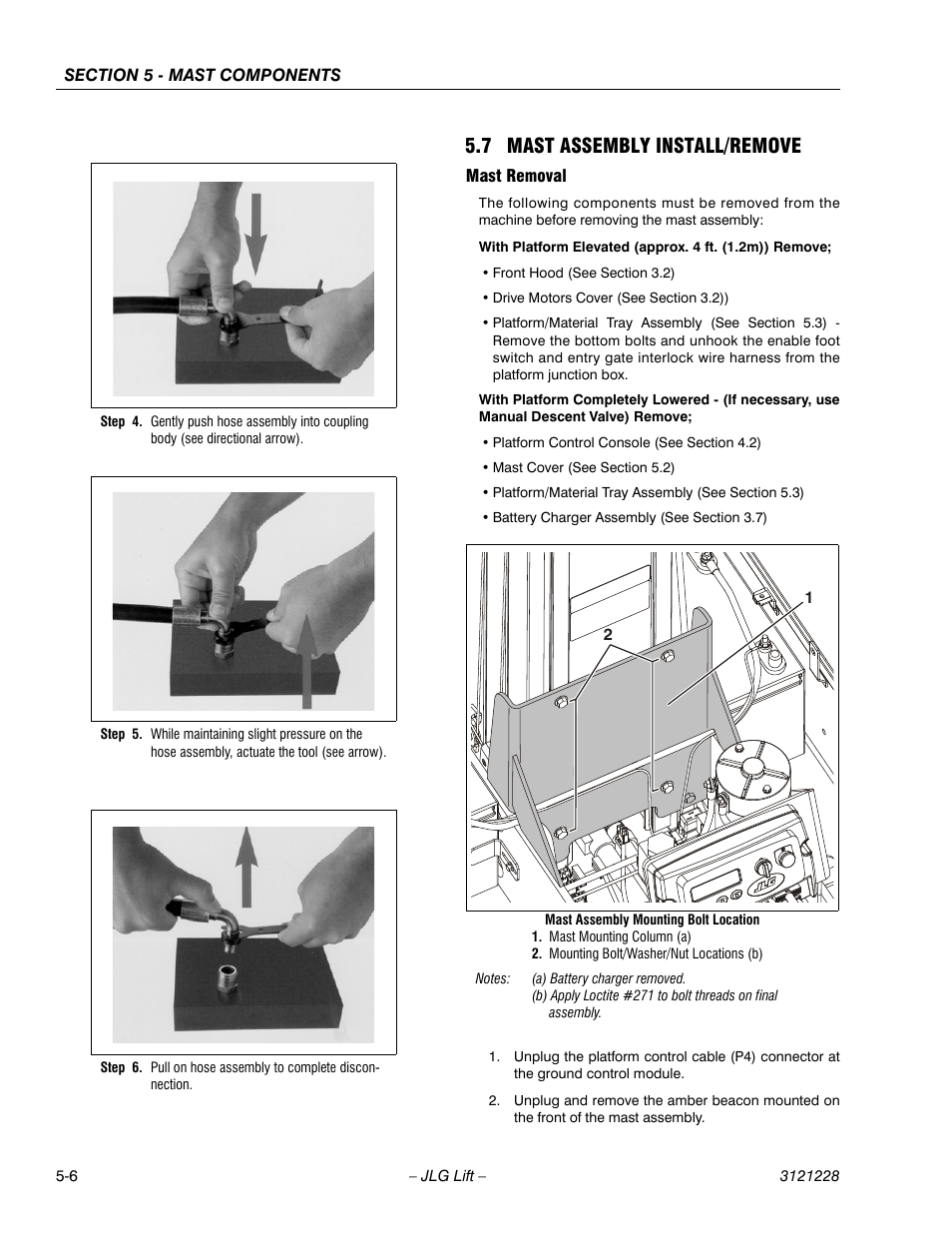 7 mast assembly install/remove, Mast removal, 7 mast assembly install/remove -6 | Mast removal -6 | JLG 10MSP Service Manual User Manual | Page 88 / 154