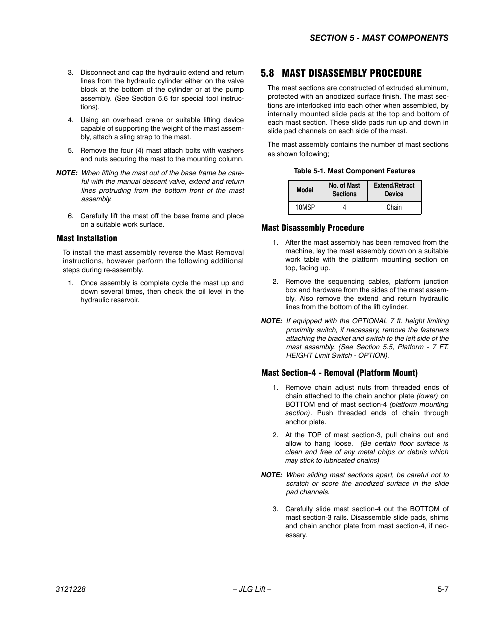 Mast installation, 8 mast disassembly procedure, Mast disassembly procedure | Mast section-4 - removal (platform mount), Mast installation -7, 8 mast disassembly procedure -7, Mast component features -7 | JLG 10MSP Service Manual User Manual | Page 89 / 154