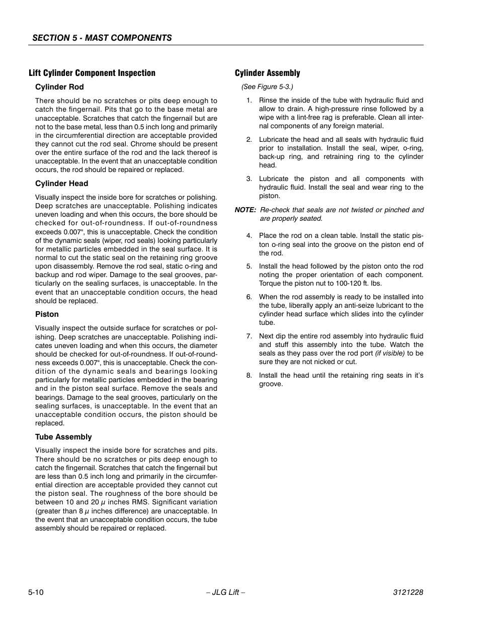 Lift cylinder component inspection, Cylinder assembly | JLG 10MSP Service Manual User Manual | Page 92 / 154