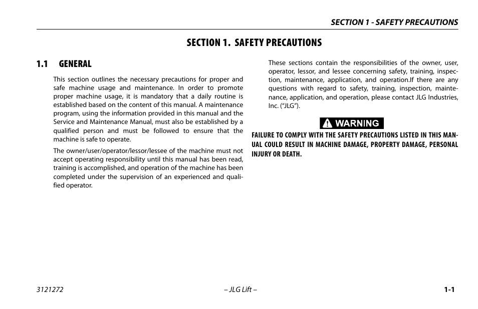 Section 1. safety precautions, 1 general, Section - 1 - safety precautions | General -1 | JLG 3248RS/10RS Operator Manual User Manual | Page 11 / 98