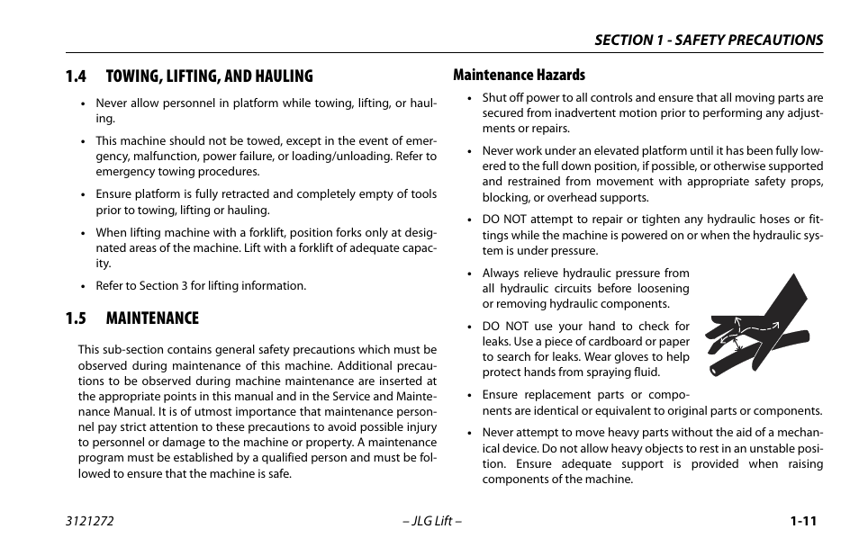 4 towing, lifting, and hauling, 5 maintenance, Maintenance hazards | Towing, lifting, and hauling -11, Maintenance -11, Maintenance hazards -11 | JLG 3248RS/10RS Operator Manual User Manual | Page 21 / 98