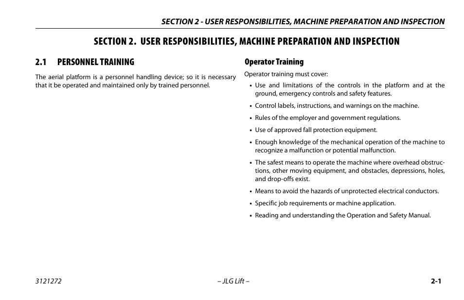 1 personnel training, Operator training, Personnel training -1 | Operator training -1 | JLG 3248RS/10RS Operator Manual User Manual | Page 23 / 98