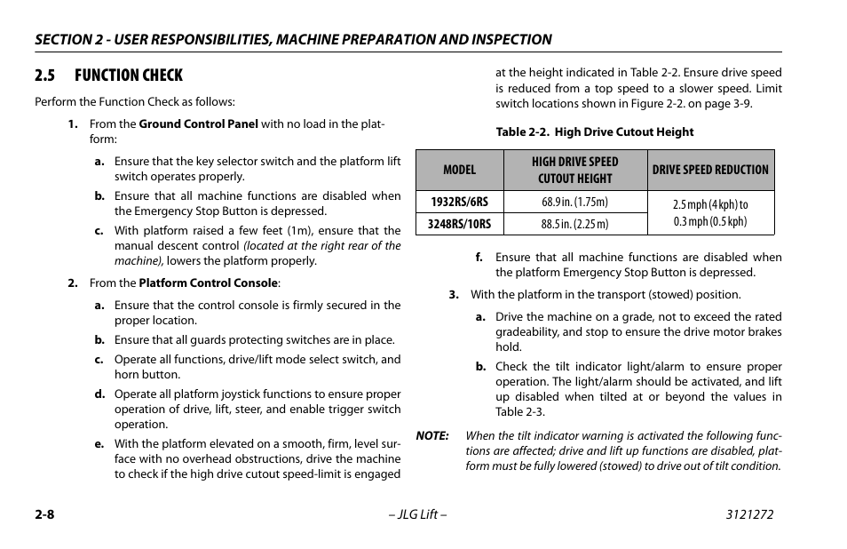 5 function check, Function check -8, High drive cutout height -8 | JLG 3248RS/10RS Operator Manual User Manual | Page 30 / 98