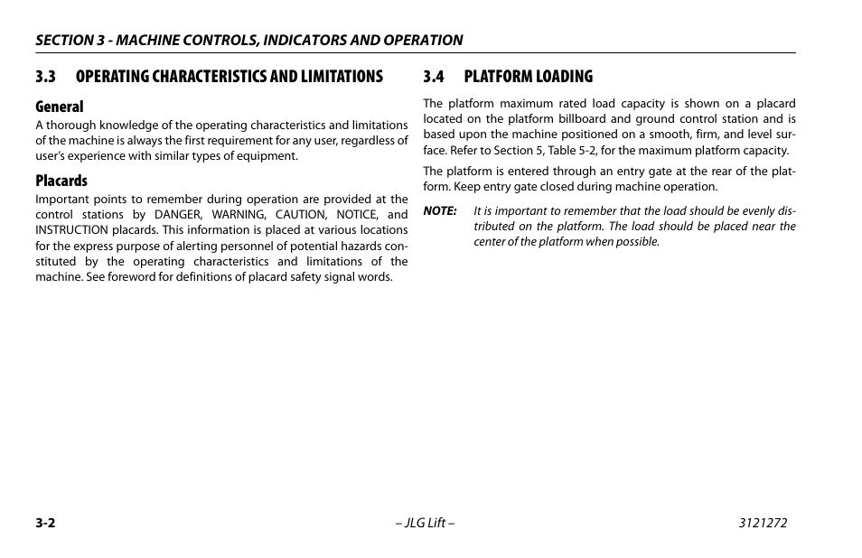 3 operating characteristics and limitations, General, Placards | 4 platform loading, Operating characteristics/limitations -2, General -2 placards -2, Platform loading -2 | JLG 3248RS/10RS Operator Manual User Manual | Page 34 / 98