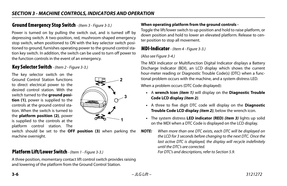 Key selector switch - (item 2 - figure 3-3.), Mdi-indicator - (item 4 - figure 3-3.), Mdi-indicator -6 | Ground emergency stop switch, Key selector switch, Platform lift/lower switch, Mdi-indicator | JLG 3248RS/10RS Operator Manual User Manual | Page 38 / 98