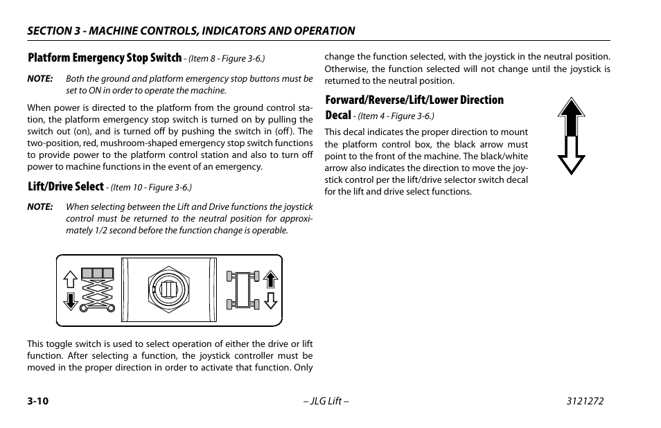 Lift/drive select - (item 10 - figure 3-6.), Platform emergency stop switch, Lift/drive select | Forward/reverse/lift/lower direction decal | JLG 3248RS/10RS Operator Manual User Manual | Page 42 / 98