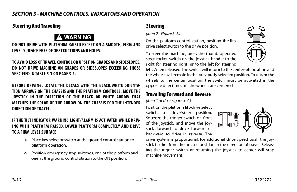 Steering and traveling, Steering, Traveling forward and reverse | JLG 3248RS/10RS Operator Manual User Manual | Page 44 / 98