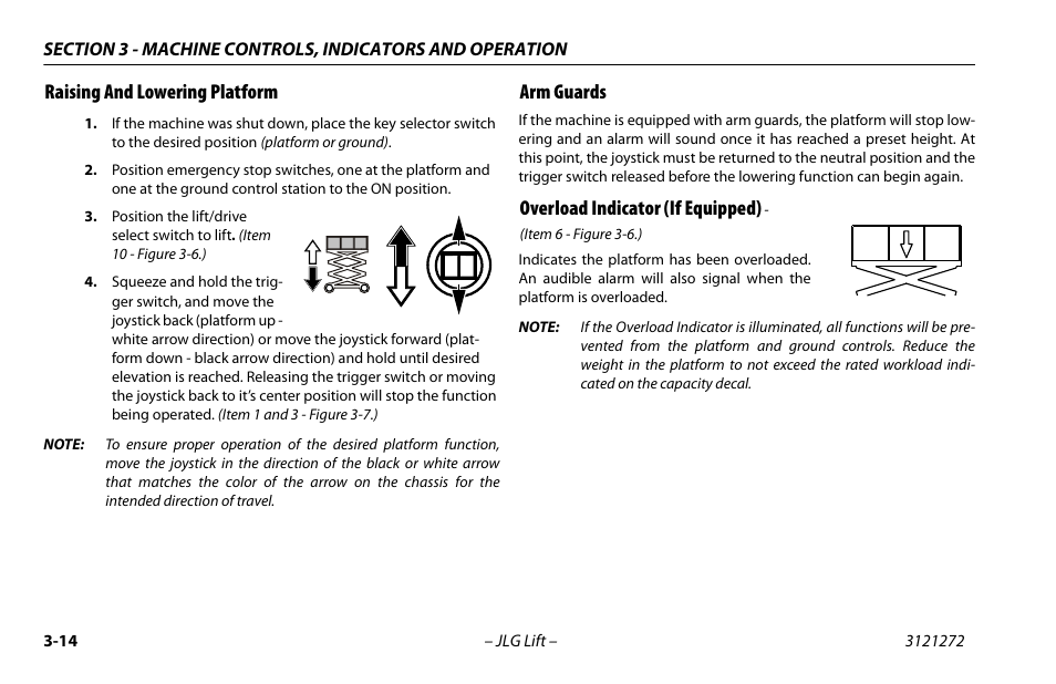Raising and lowering platform, Arm guards, Overload indicator (if equipped) | JLG 3248RS/10RS Operator Manual User Manual | Page 46 / 98