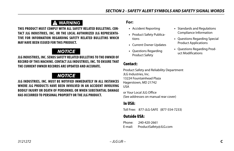 Contact, In usa, Outside usa | JLG 3248RS/10RS Operator Manual User Manual | Page 5 / 98