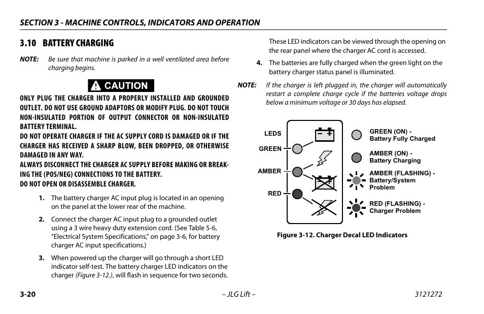 10 battery charging, 10 battery charging -20, Charger decal led indicators -20 | JLG 3248RS/10RS Operator Manual User Manual | Page 52 / 98