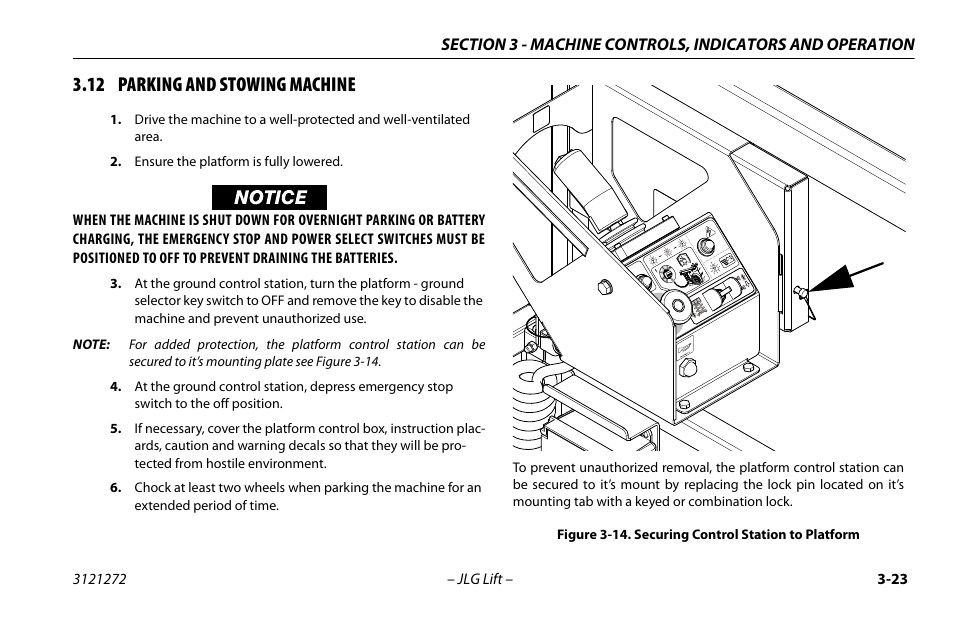 12 parking and stowing machine, 12 parking and stowing machine -23, Securing control station to platform -23 | Notice | JLG 3248RS/10RS Operator Manual User Manual | Page 55 / 98