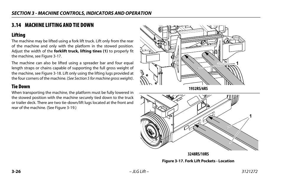 14 machine lifting and tie down, Lifting, Tie down | 14 machine lifting and tie down -26, Lifting -26 tie down -26, Fork lift pockets - location -26 | JLG 3248RS/10RS Operator Manual User Manual | Page 58 / 98