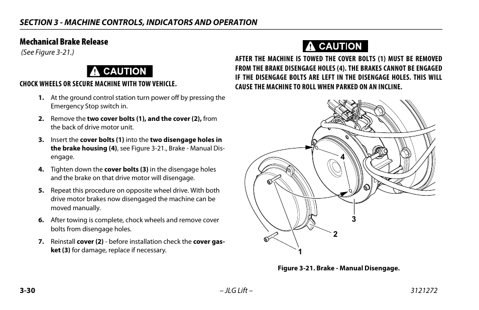 Mechanical brake release, Mechanical brake release -30, Brake - manual disengage -30 | JLG 3248RS/10RS Operator Manual User Manual | Page 62 / 98