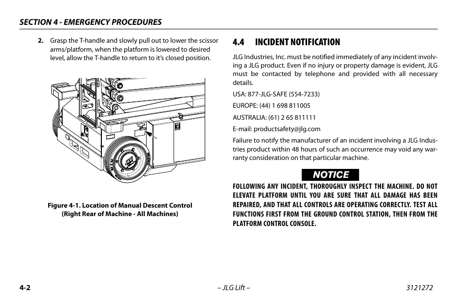 4 incident notification, Incident notification -2, Location of manual descent control -2 | JLG 3248RS/10RS Operator Manual User Manual | Page 64 / 98