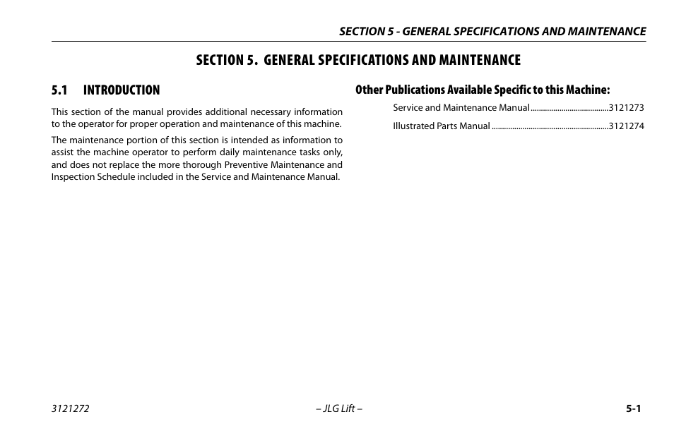 Section 5. general specifications and maintenance, 1 introduction, Introduction -1 | Other publications available: -1, Section 5 for machine gross w | JLG 3248RS/10RS Operator Manual User Manual | Page 65 / 98
