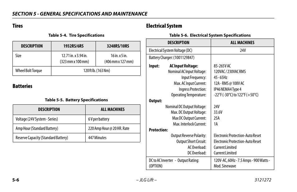 Tires, Batteries, Electrical system | Tires -5, Batteries -5 electrical system -5, Tire specifications -5, Battery specifications -5, Electrical system specifications -5, Tires batteries electrical system | JLG 3248RS/10RS Operator Manual User Manual | Page 70 / 98
