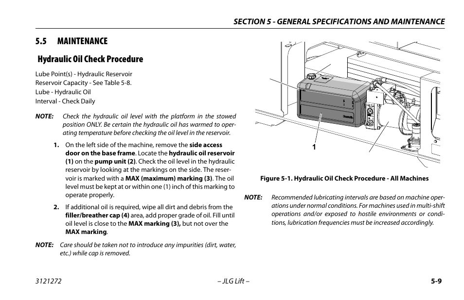 5 maintenance, Hydraulic oil check procedure, Maintenance -8 | Hydraulic oil check procedure -8, Hydraulic oil check procedure - all machines -8, 5 maintenance hydraulic oil check procedure | JLG 3248RS/10RS Operator Manual User Manual | Page 73 / 98