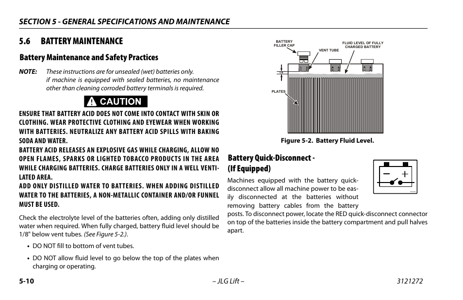 6 battery maintenance, Battery maintenance and safety practices, Battery quick-disconnect - (if equipped) | Battery maintenance -9, Battery fluid level -9 | JLG 3248RS/10RS Operator Manual User Manual | Page 74 / 98
