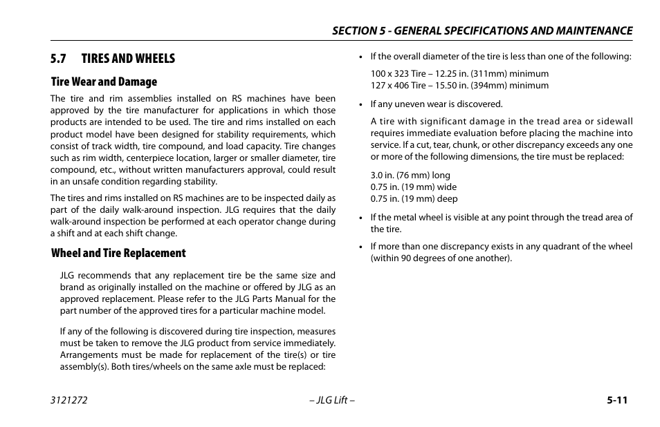 7 tires and wheels, Tire wear and damage, Wheel and tire replacement | Tires and wheels -10 | JLG 3248RS/10RS Operator Manual User Manual | Page 75 / 98