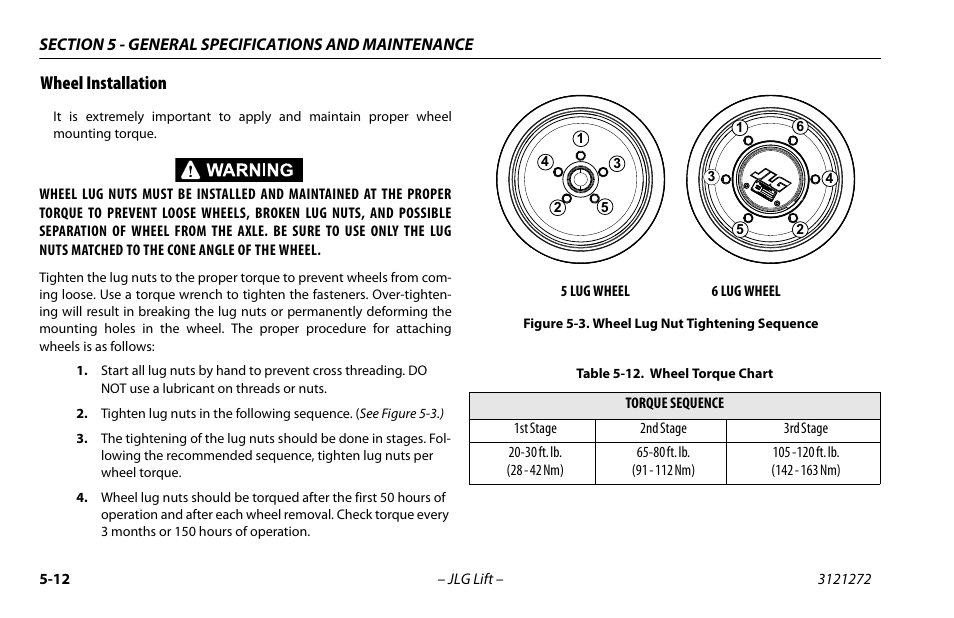 Wheel installation, Wheel installation -11, Wheel lug nut tightening sequence -11 | Wheel torque chart -11 | JLG 3248RS/10RS Operator Manual User Manual | Page 76 / 98