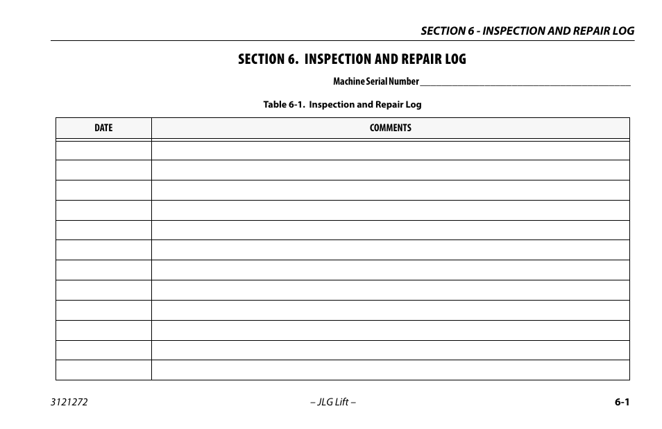 Section 6. inspection and repair log, Section - 6 - inspection and repair log, Inspection and repair log -1 | JLG 3248RS/10RS Operator Manual User Manual | Page 95 / 98