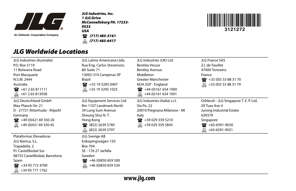 Jlg worldwide locations | JLG 3248RS/10RS Operator Manual User Manual | Page 98 / 98